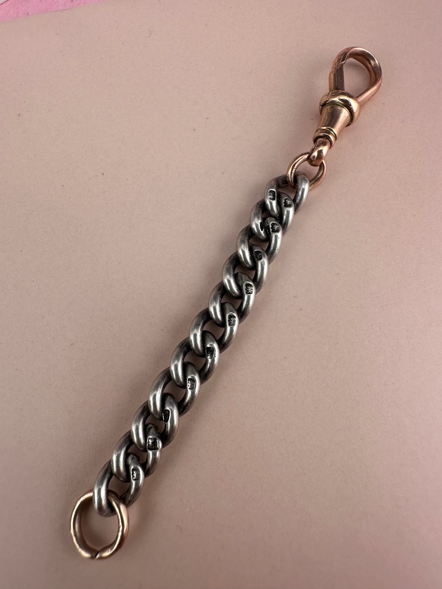 Sterling Silver curb extender with 9ct rose gold dog clip & faceted jump ring