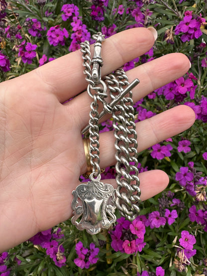 Sterling Silver Graduated Curb Albert with dog clip, fob and T-Bar