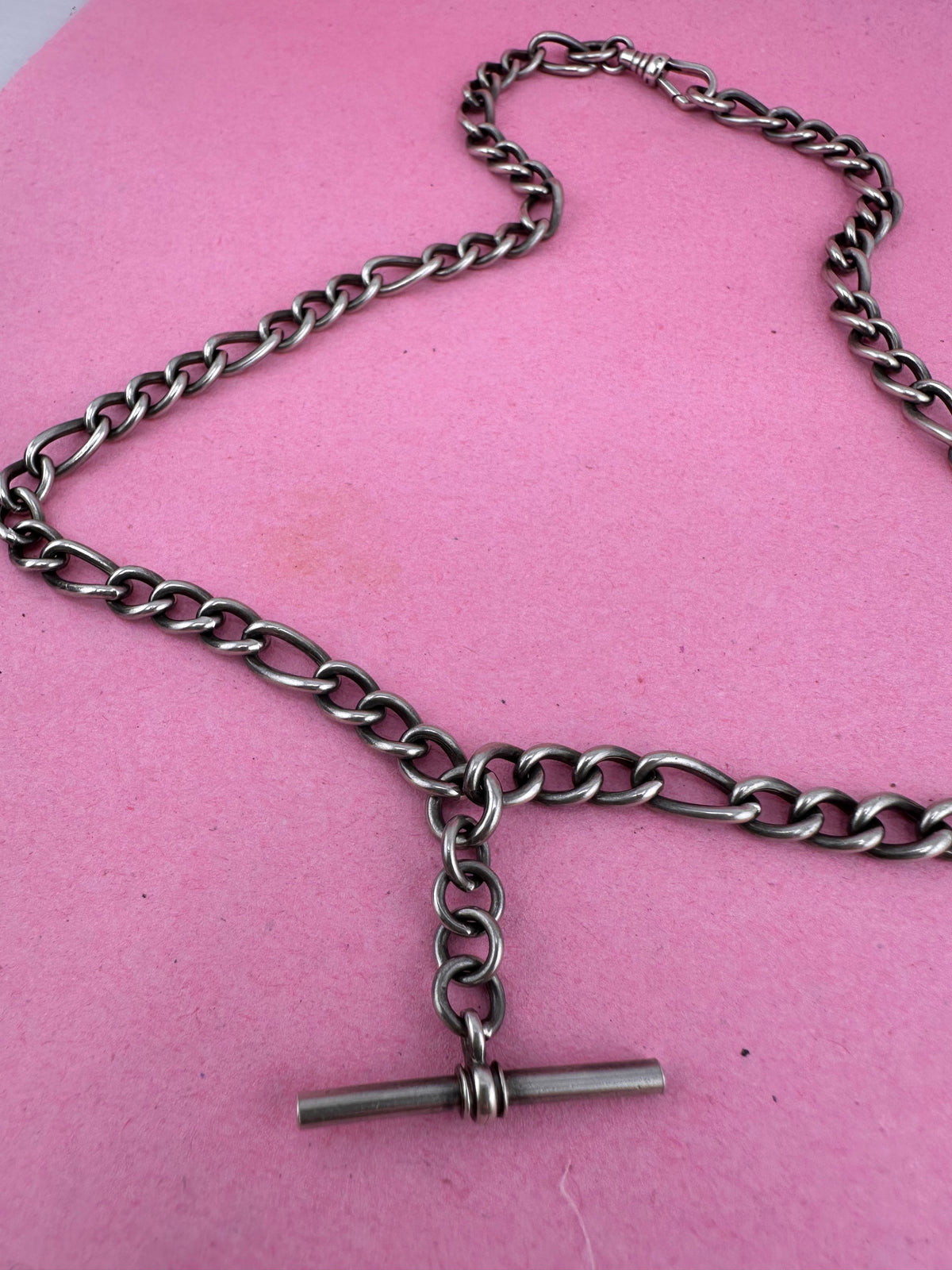 Vintage Sterling Silver Long & Short Curb Albert chain with T-bar & swivel dog clip.