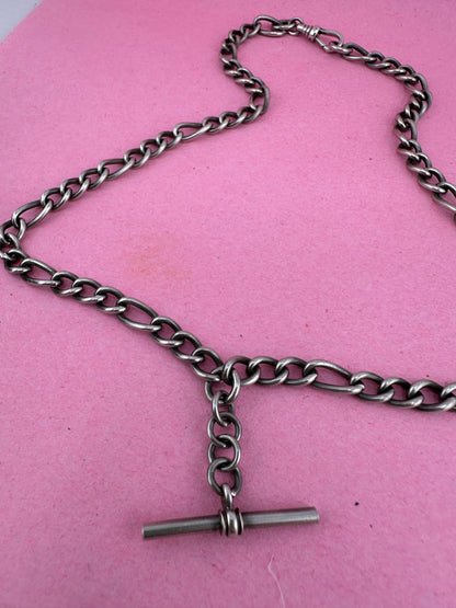 Vintage Sterling Silver Long & Short Curb Albert chain with T-bar & swivel dog clip.