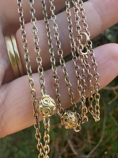Antique 9ct Light Rose Gold Etruscan revival Orb Station chain