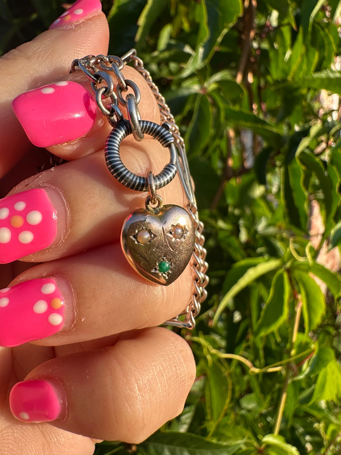 Antique 9ct rose gold heart with flush set pearls and turquoise.