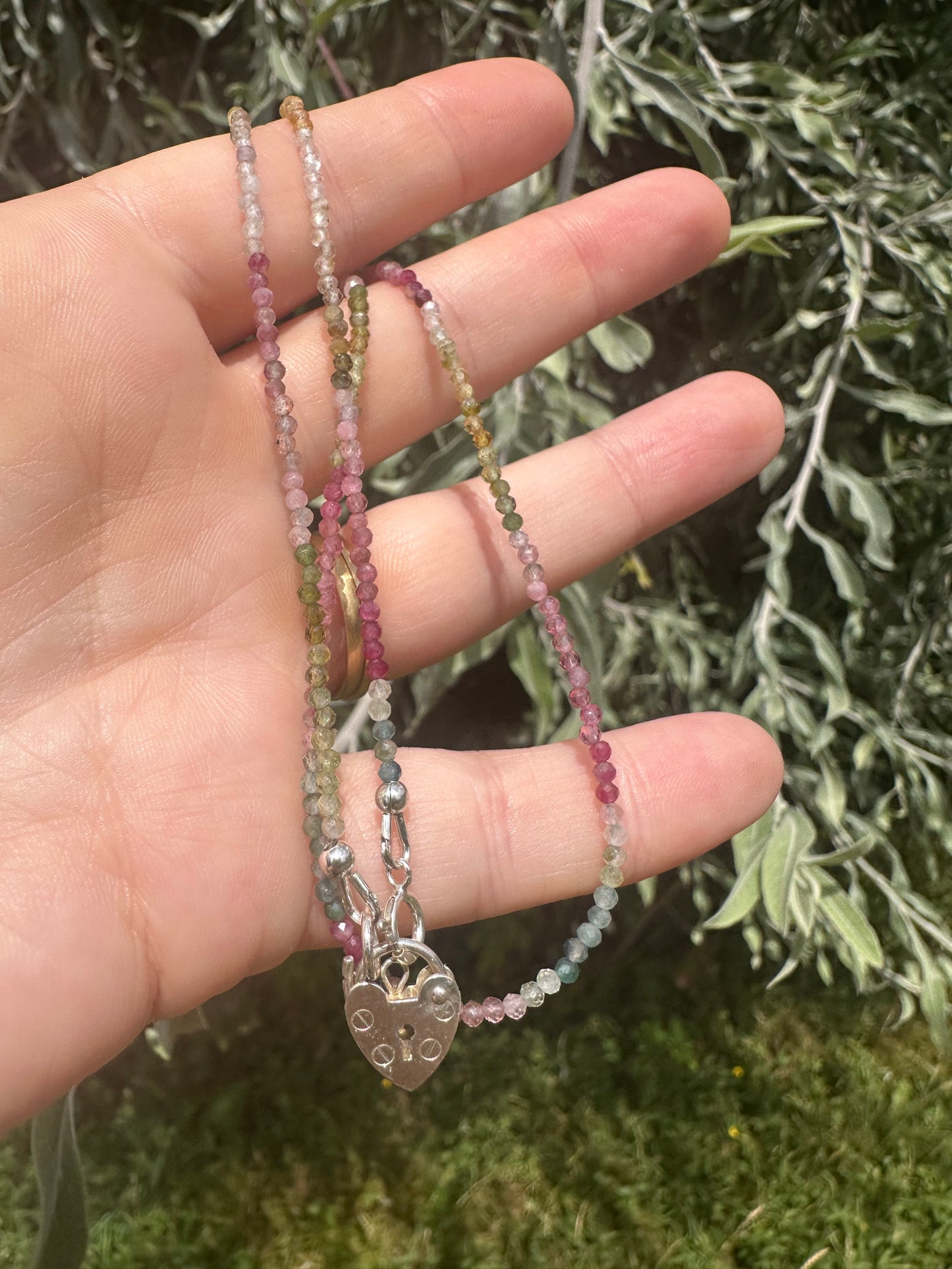 Ombré Tourmaline Mini Beaded necklace with Vintage Sterling Silver Heart Padlock