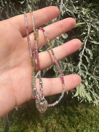 Ombré Tourmaline Mini Beaded necklace with Vintage Sterling Silver Heart Padlock