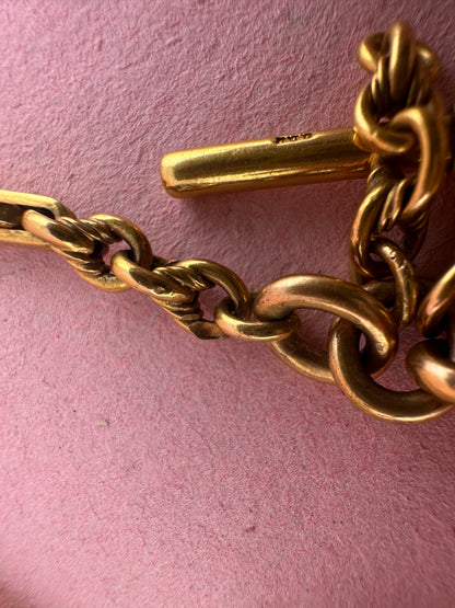 Antique 9ct Yellow Gold Trombone & Lovers Knot Albert chain with double dog clips