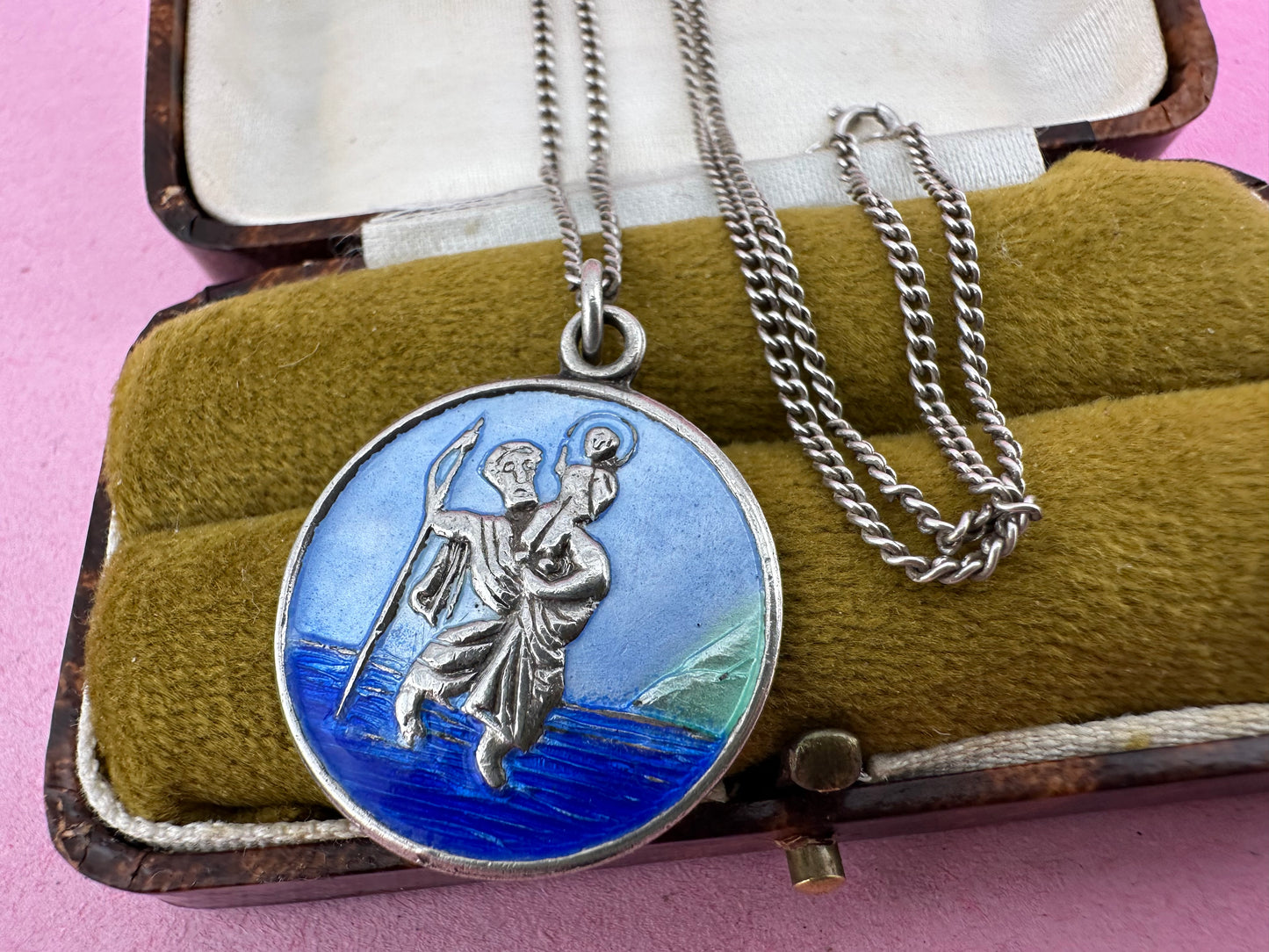 Sterling Silver Enamel St Christopher on a curb chain