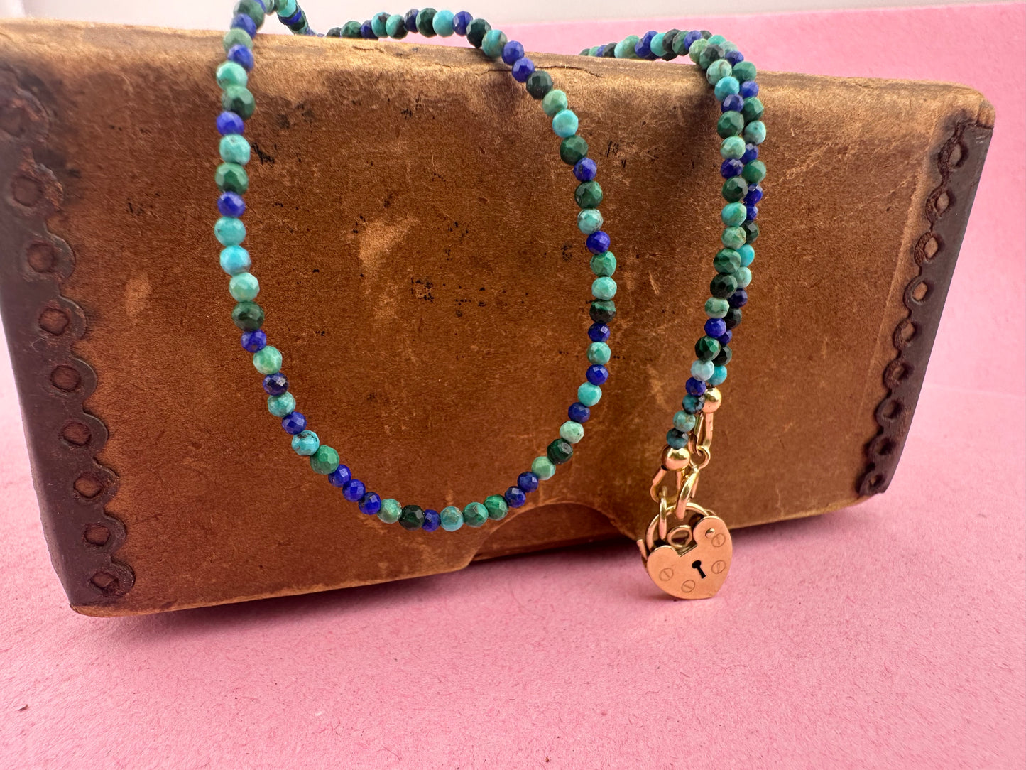 Turquoise, Malachite & Lapis Lazuli Mini beads with vintage 9ct Gold Heart padlock