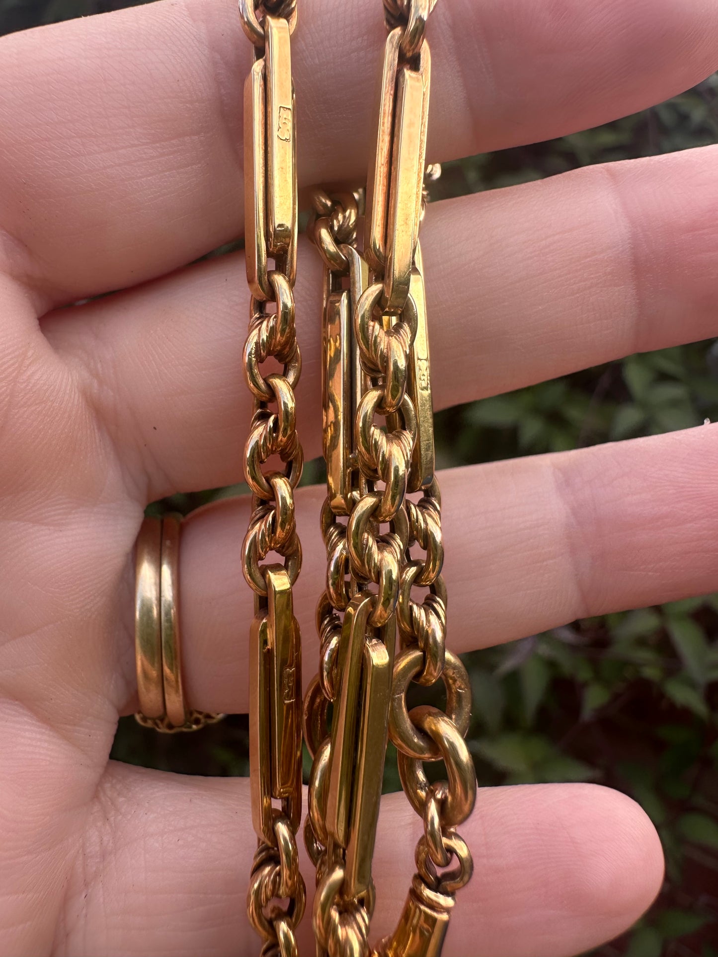 Antique 9ct Yellow Gold Trombone & Lovers Knot Albert chain with double dog clips