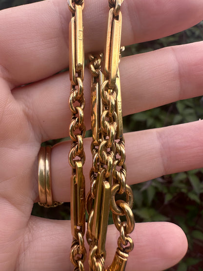 Antique 9ct Yellow Gold Trombone & Lovers Knot Albert chain with double dog clips