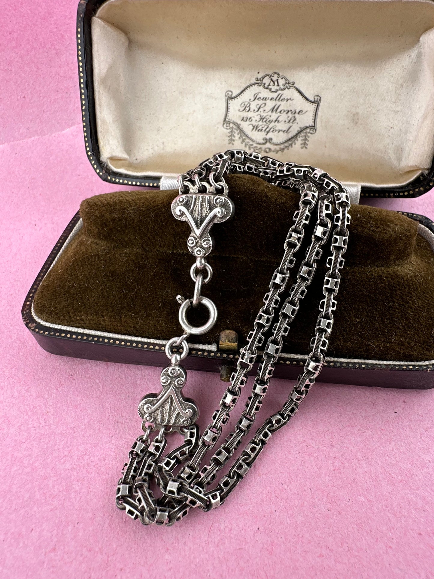 Antique Sterling Silver triple stranded fancy mariner with ornate finials bracelet.