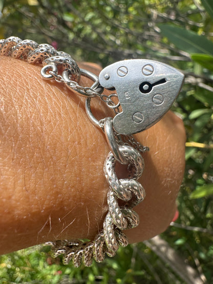Sterling silver textured chunky curb bracelet with heart padlock