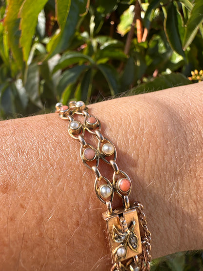 Antique 15ct Gold Coral and Pearl bracelet with stunning barrel clasp
