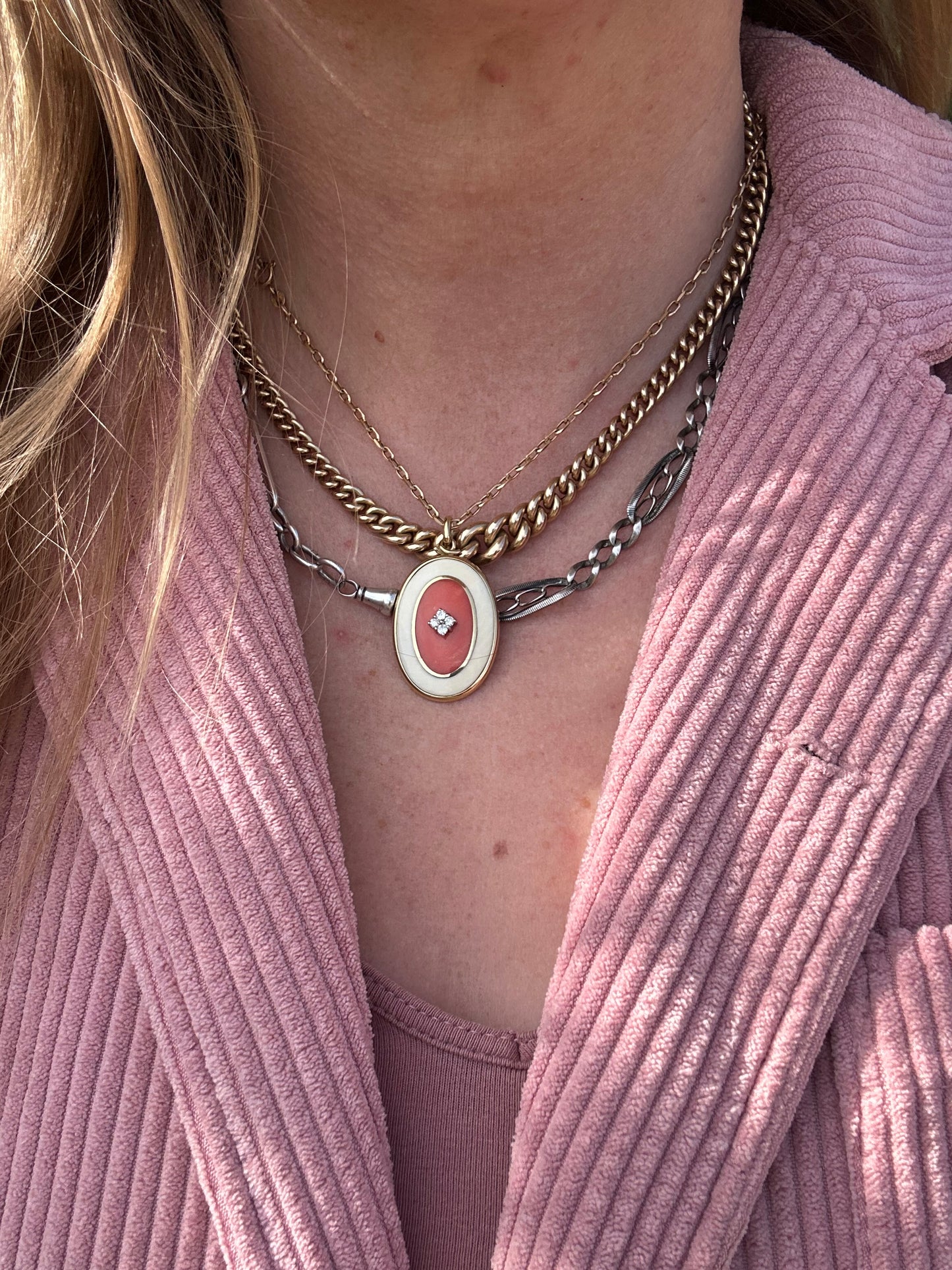 14ct Gold Coral and Diamond Pendant
