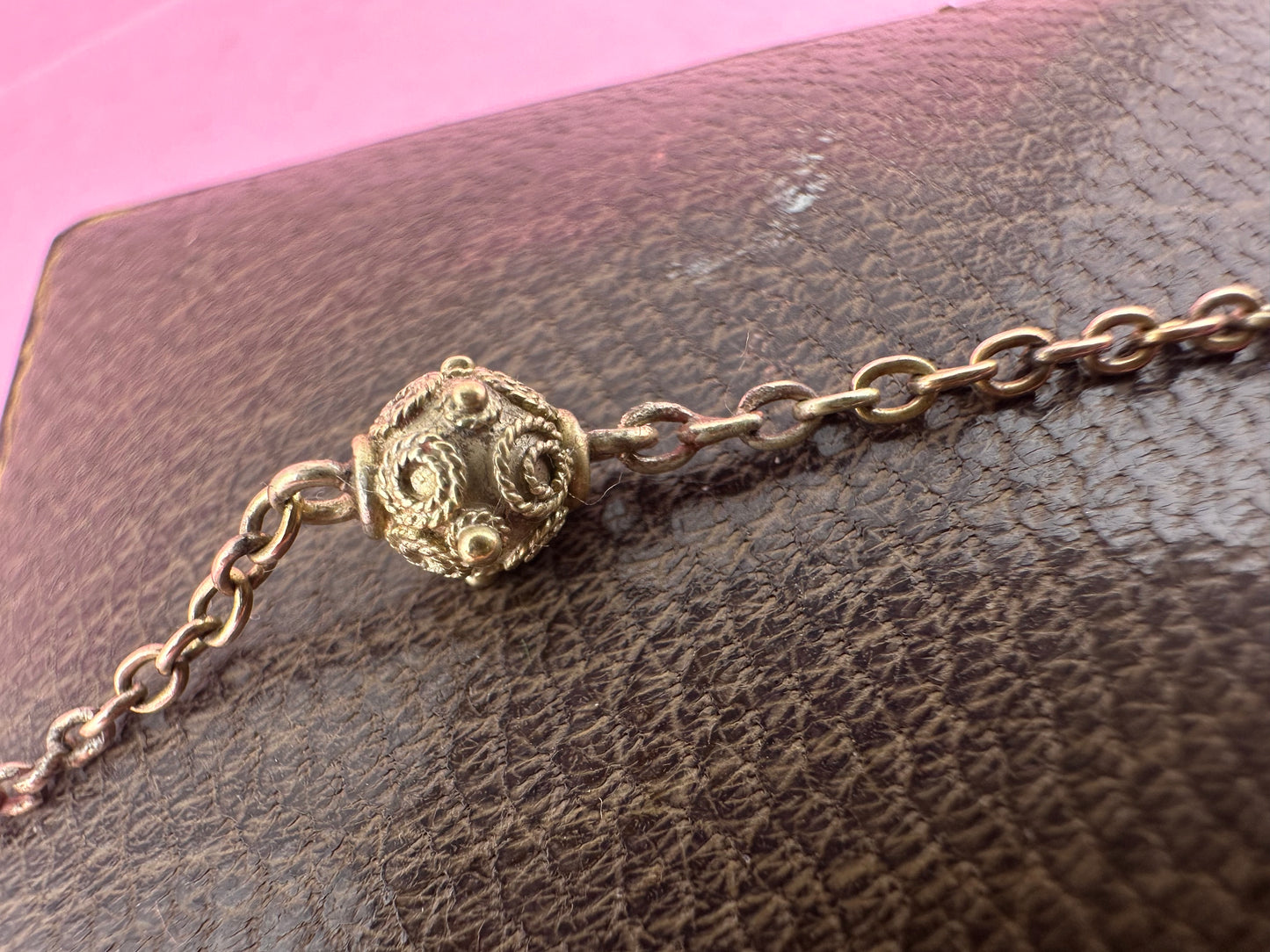 Antique 9ct Light Rose Gold Etruscan revival Orb Station chain