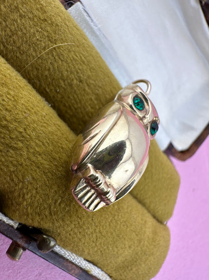 Vintage 9ct Gold Owl charm with green past eyes
