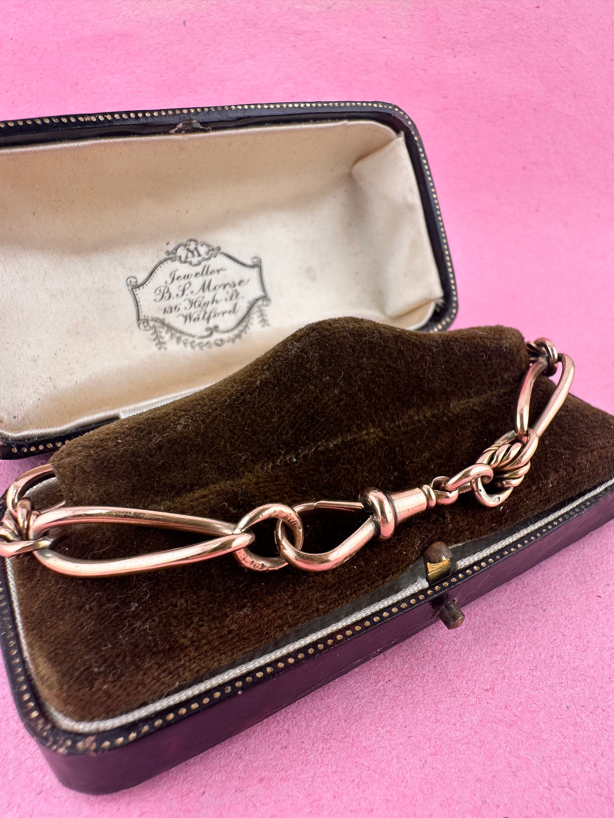 Antique 9ct Rose gold twist trombone & lovers knot bracelet with dog clip.