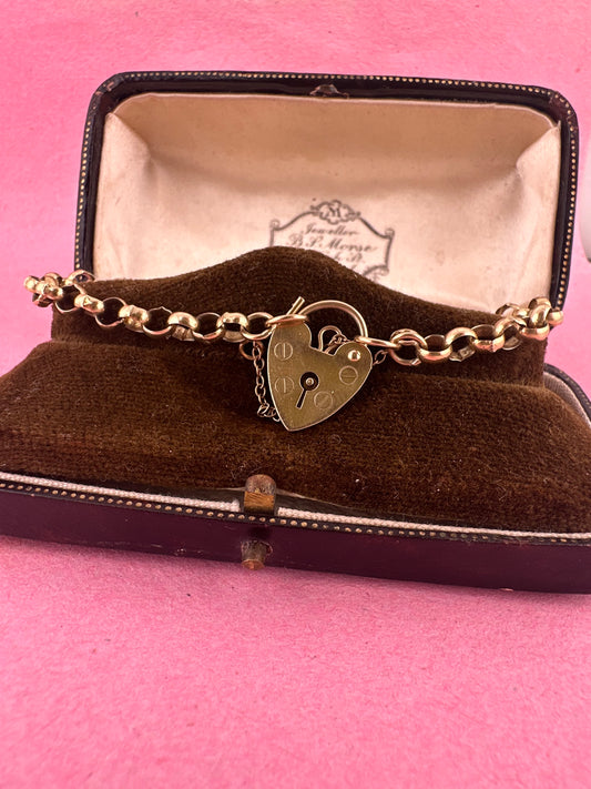 Vintage 9ct Rolo Belcher bracelet with heart padlock