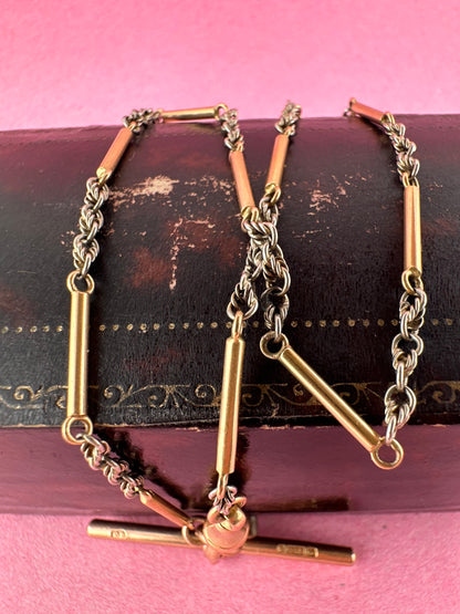 Antique 18ct Bi-Colour Bar & Lovers Knot Albert chain with 18ct dog clip & 9ct T-Bar.