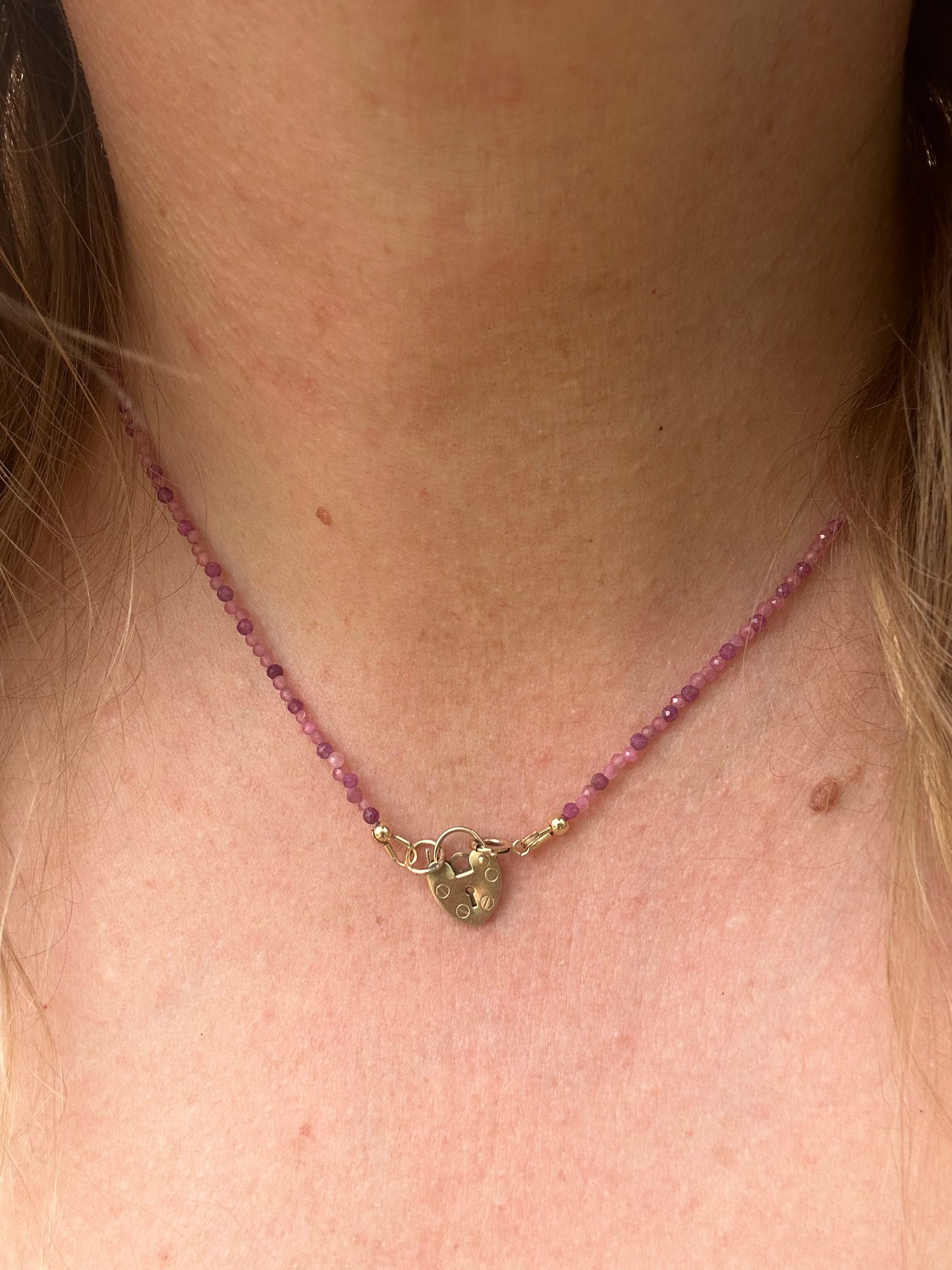 Ruby & Pink Tourmaline mix Mini beads with vintage 9ct Gold heart padlock