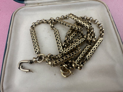 Antique 9ct Gold Fancy Bar and faceted belcher chain with screw top dog clip