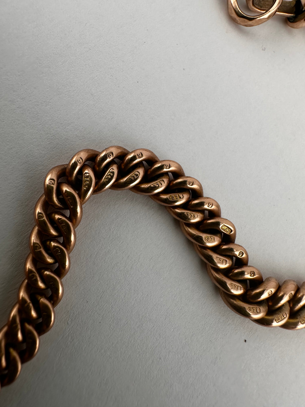 Antique 9ct Rose Gold Graduated Curb Albert chain with double faceted dog clips and fixed T-bar