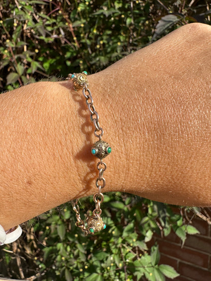 Antique 9ct Rose Gold Turquoise Orb and cable link bracelet with bolt clasp