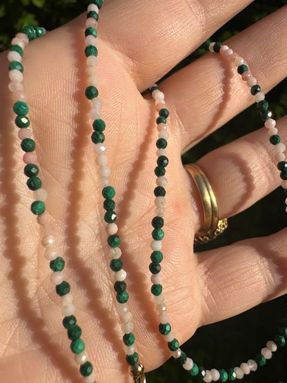 Peony- Pink Opal and Malachite mini bead necklace with vintage heart padlock