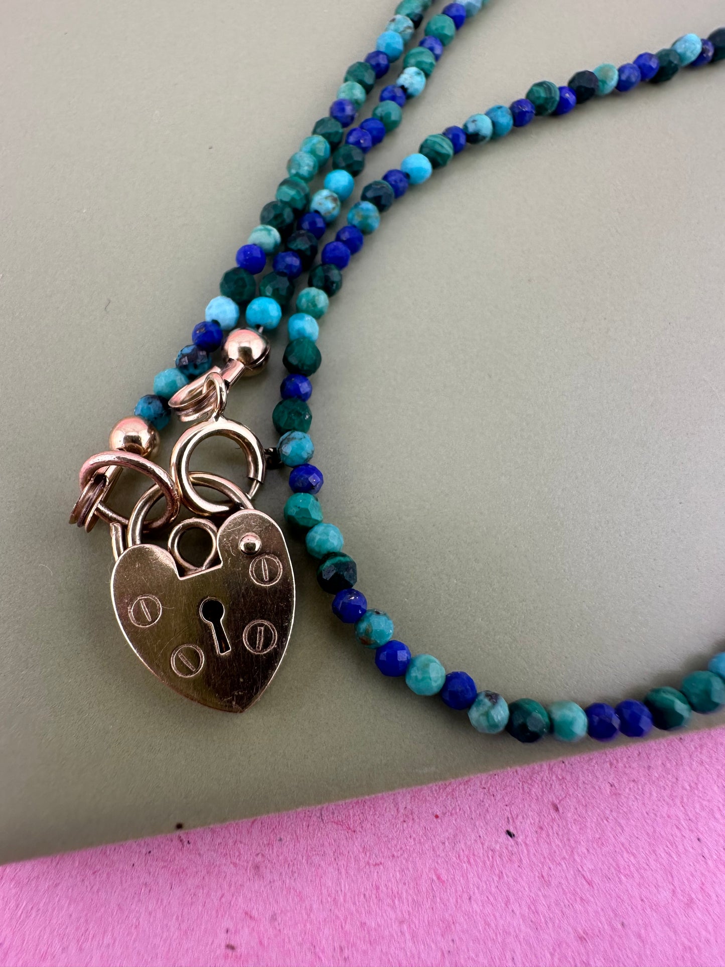 Turquoise, Malachite & Lapis Lazuli Mini beads with vintage 9ct Gold Heart padlock