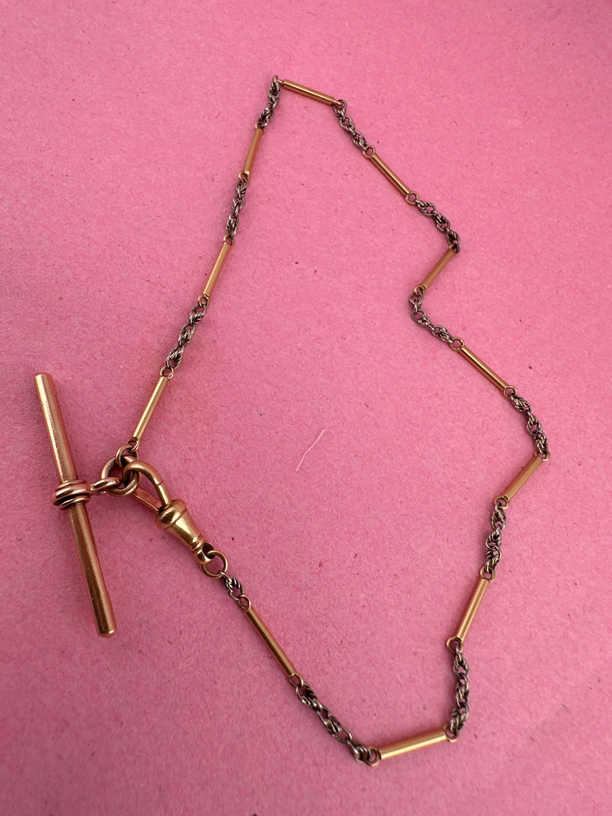 Antique 18ct Bi-Colour Bar & Lovers Knot Albert chain with 18ct dog clip & 9ct T-Bar.
