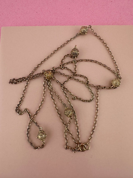 Antique 9ct Light Rose Gold Etruscan revival Orb Station chain