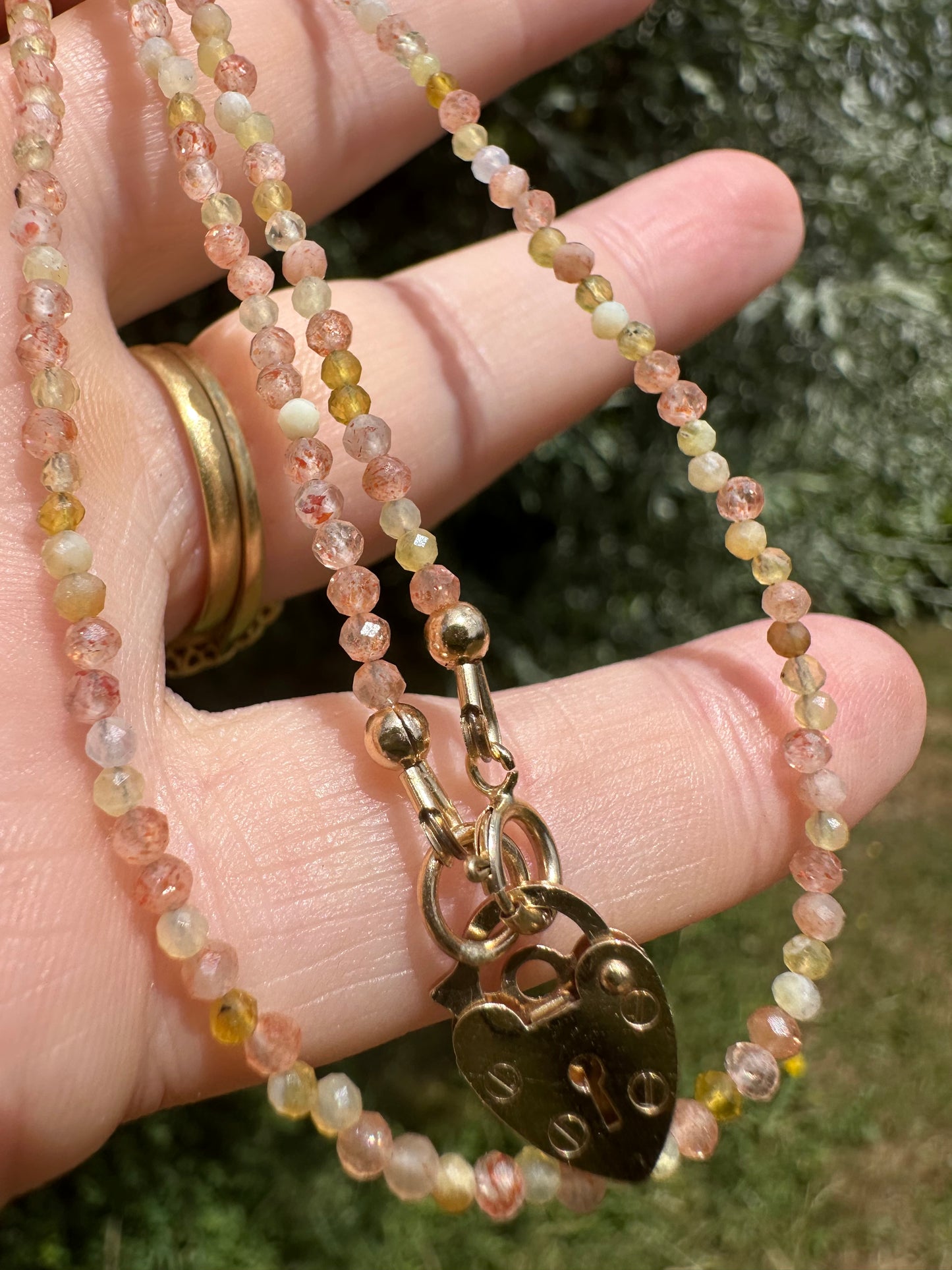 Sunstone and Yellow Opal Mini beads with Vintage Heart Padlock
