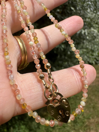 Sunstone and Yellow Opal Mini beads with Vintage Heart Padlock