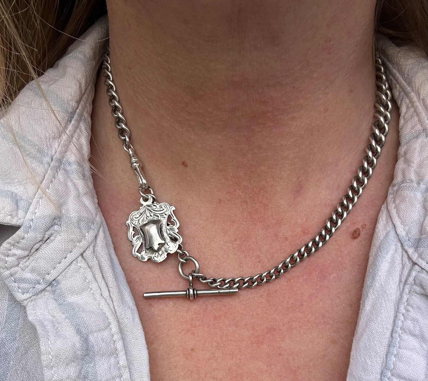 Sterling Silver Graduated Curb Albert with dog clip, fob and T-Bar