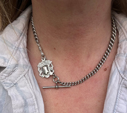 Sterling Silver Graduated Curb Albert with dog clip, fob and T-Bar