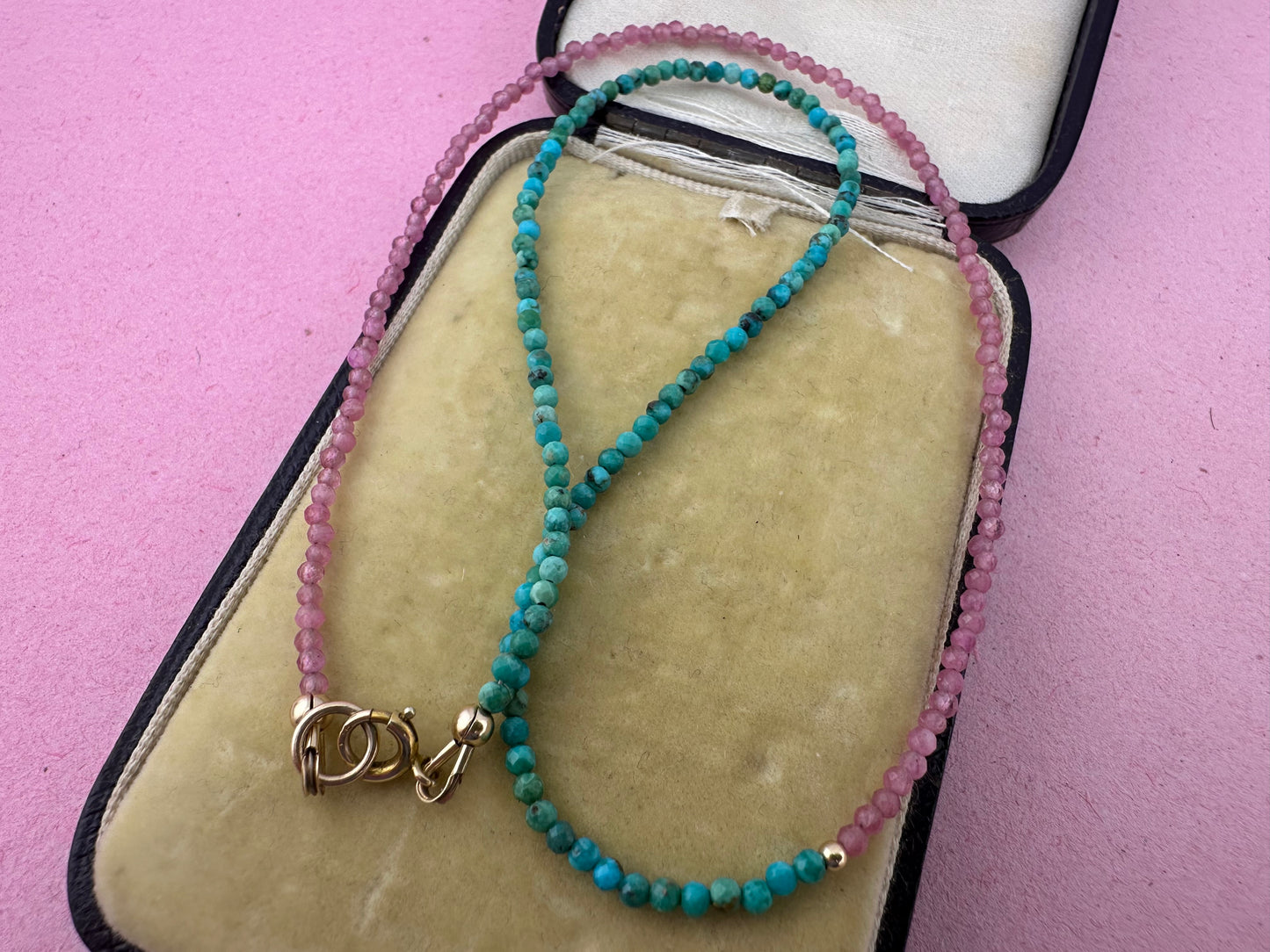Blush & Tide- Pink Tourmaline and turquoise mini beaded necklace with 9ct gold antique bolt clasp
