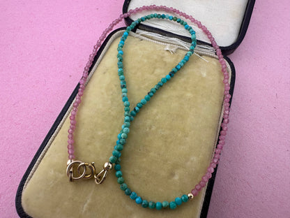 Blush & Tide- Pink Tourmaline and turquoise mini beaded necklace with 9ct gold antique bolt clasp