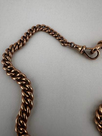 Antique 9ct Rose Gold Graduated Curb Albert chain with double faceted dog clips and fixed T-bar