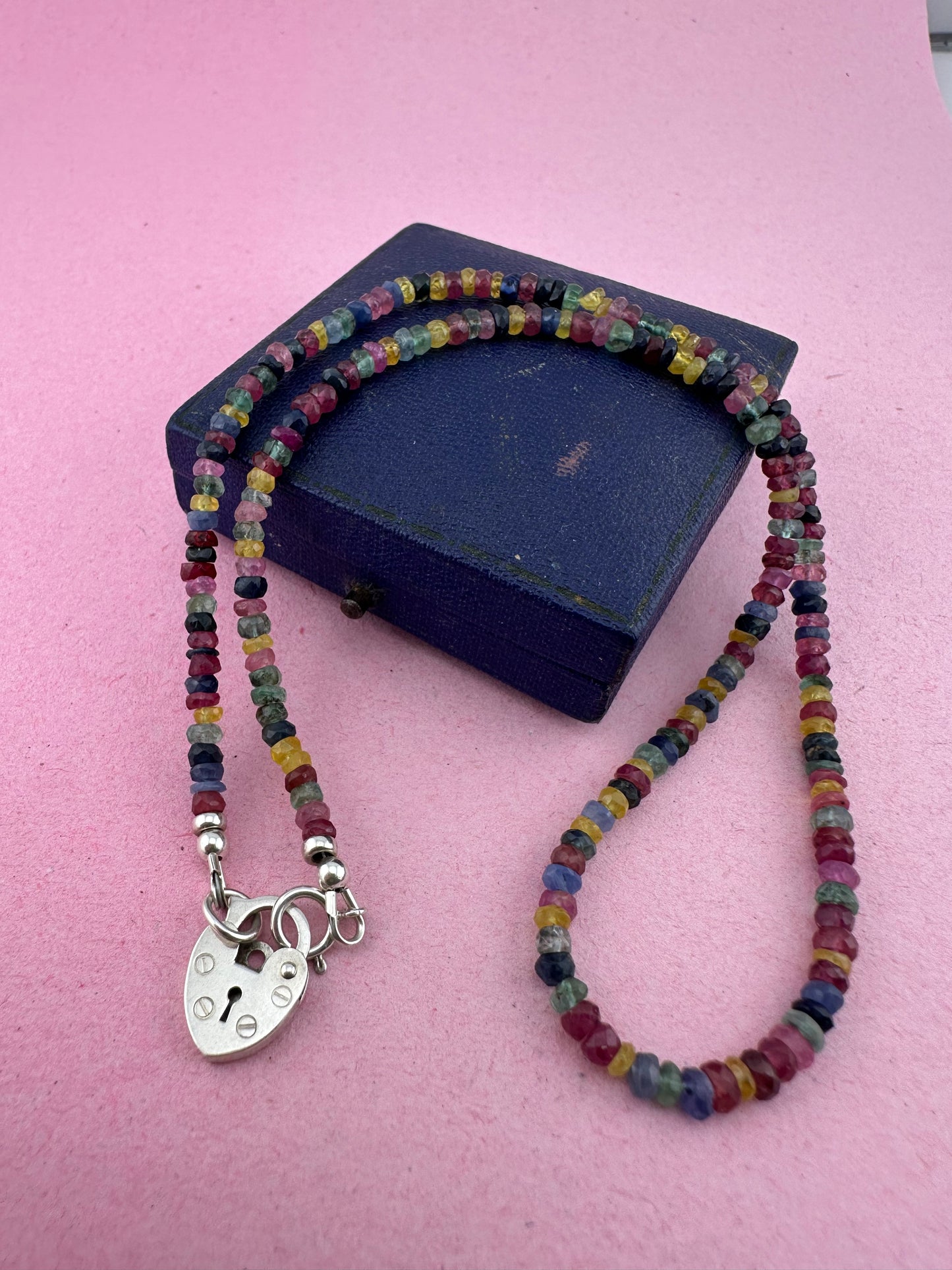 Rainbow- Mixed Gemstone Mini beaded necklace with Vintage Sterling Heart Padlock