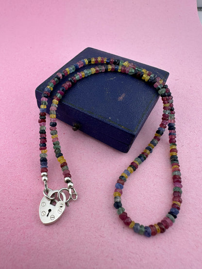 Rainbow- Mixed Gemstone Mini beaded necklace with Vintage Sterling Heart Padlock