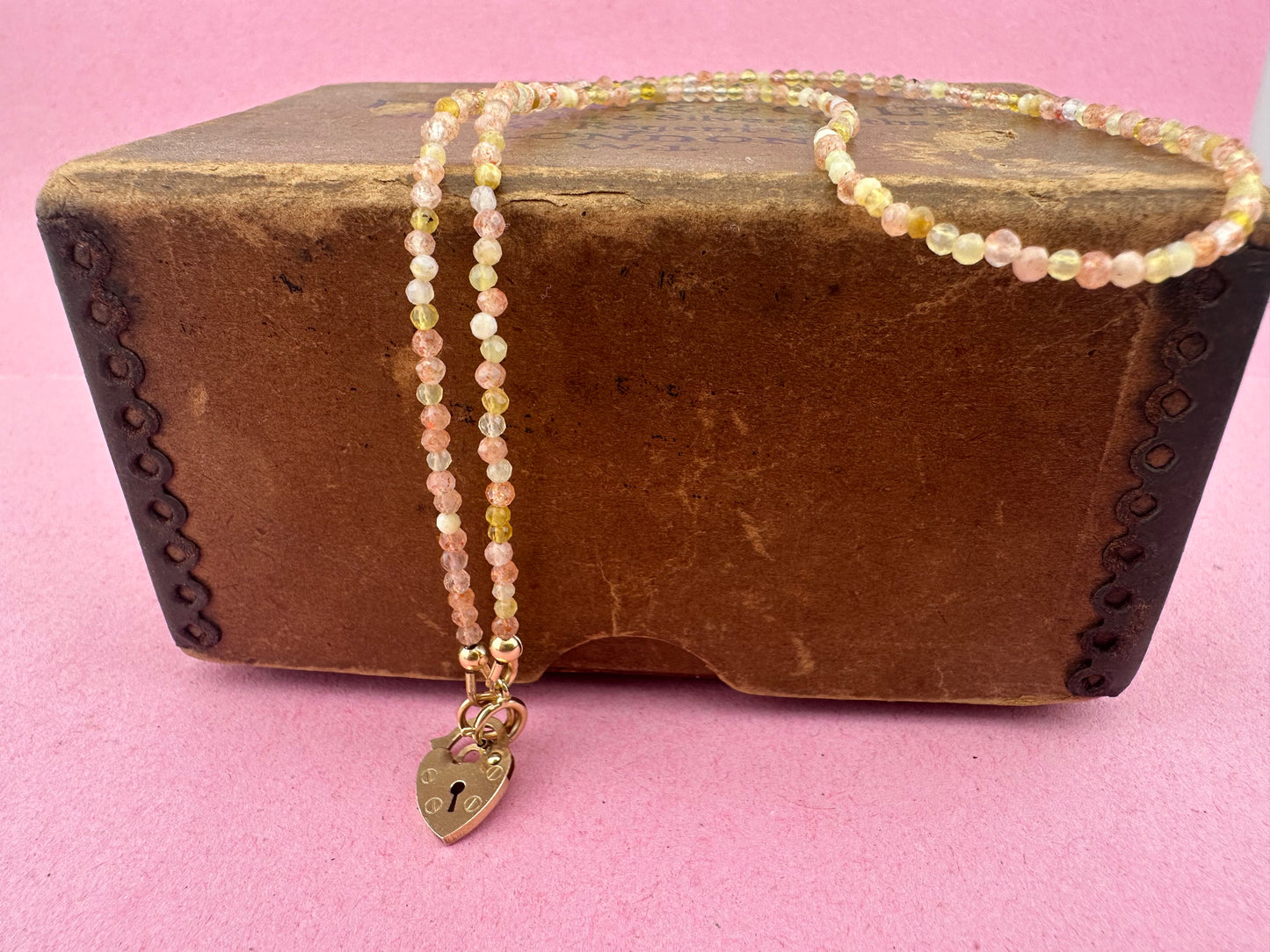 Sunstone and Yellow Opal Mini beads with Vintage Heart Padlock