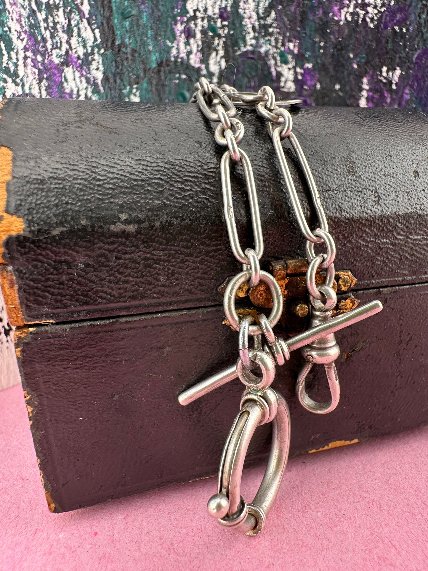 Antique Sterling Silver Trombone chain with XL bolt clasp and Dog clip