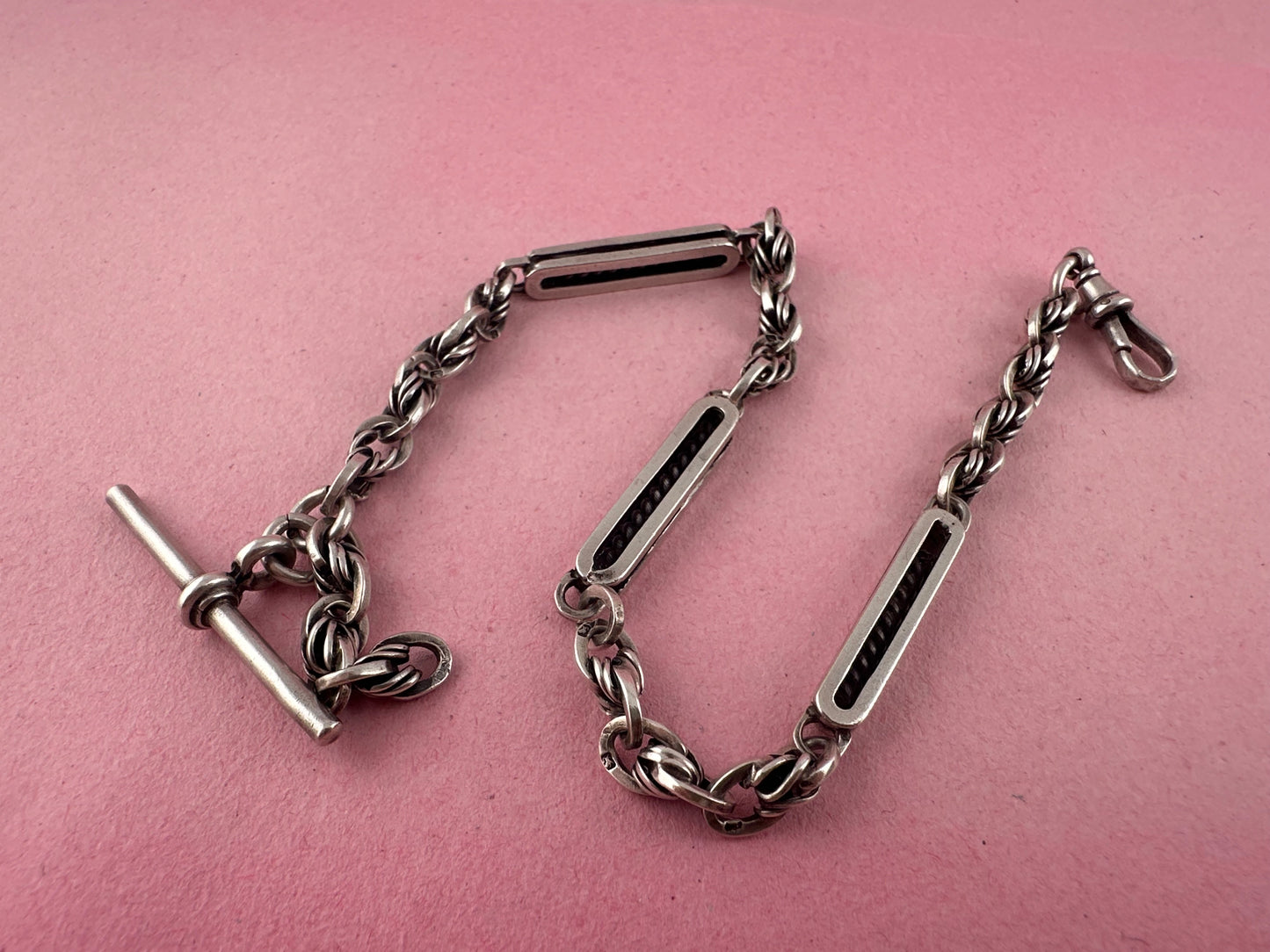 Antique Sterling Silver Bar and lovers knot Albert chain with T-bar and dog clip