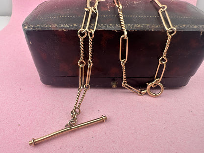 Antique 9ct Rose Gold Trombone and twist Albert chain with bolt clasp and T-bar