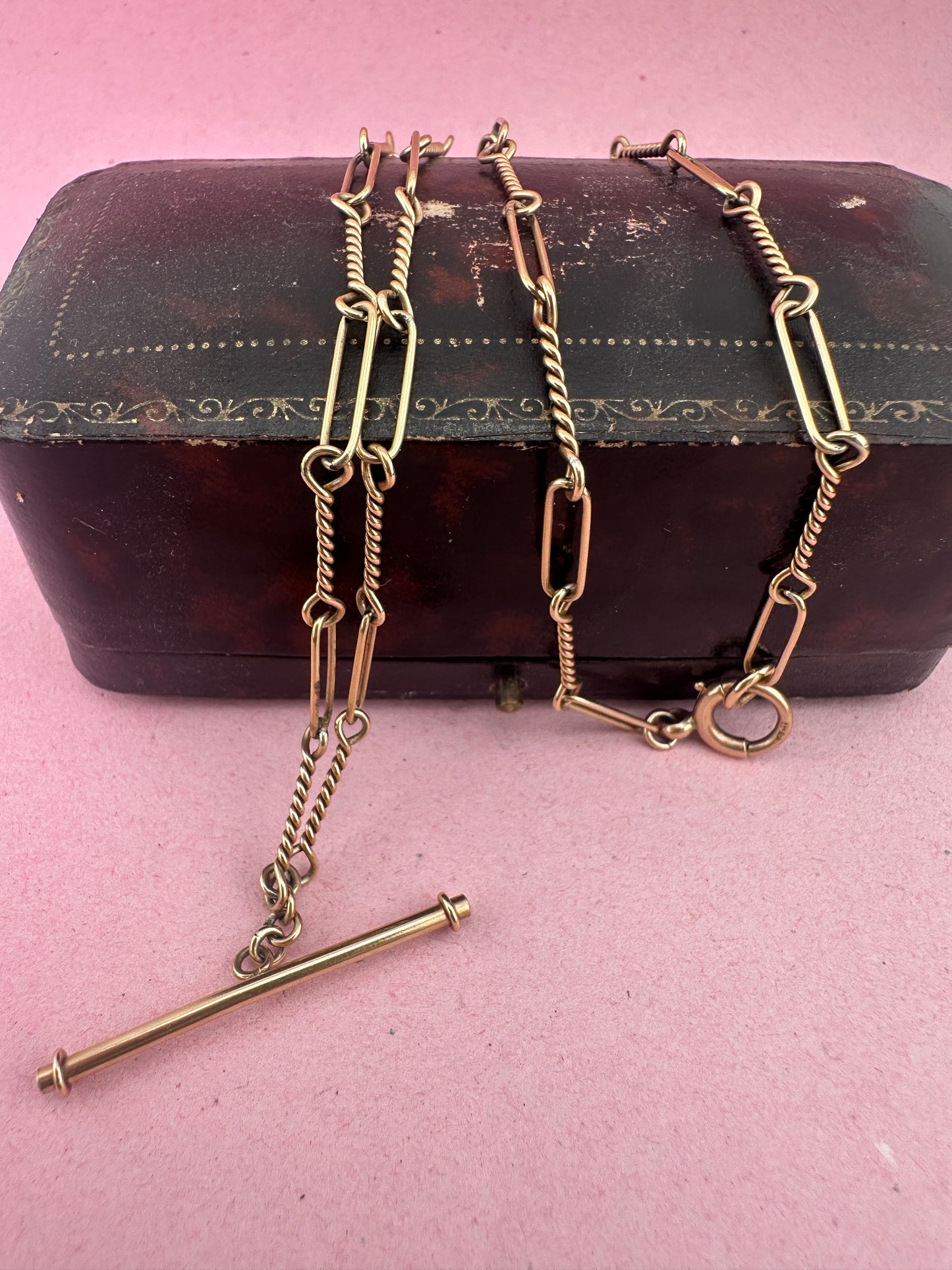 Antique 9ct Rose Gold Trombone and twist Albert chain with bolt clasp and T-bar
