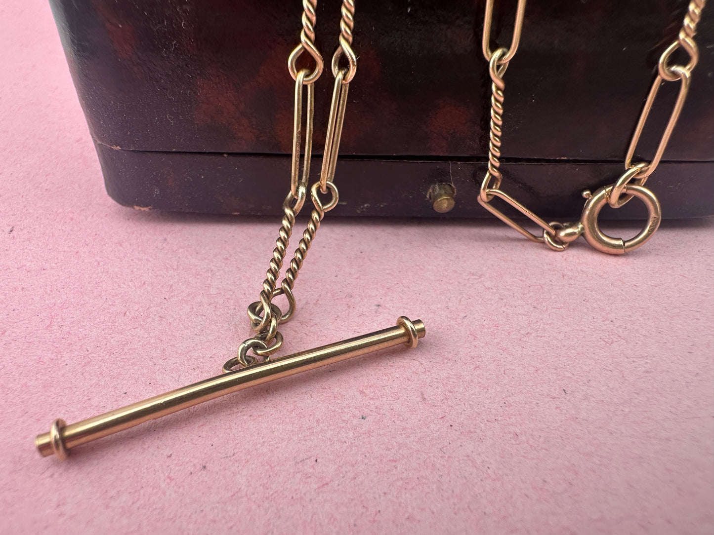 Antique 9ct Rose Gold Trombone and twist Albert chain with bolt clasp and T-bar