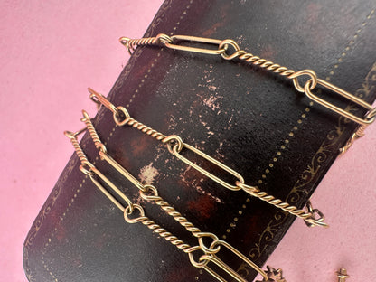 Antique 9ct Rose Gold Trombone and twist Albert chain with bolt clasp and T-bar