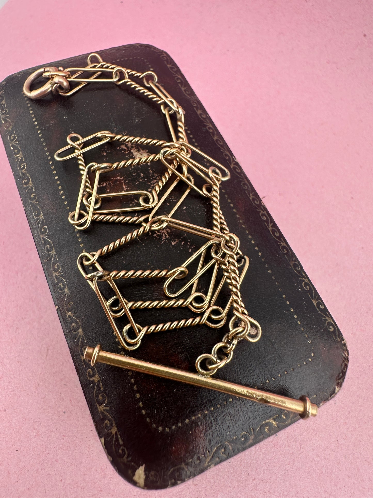 Antique 9ct Rose Gold Trombone and twist Albert chain with bolt clasp and T-bar