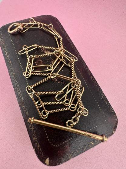Antique 9ct Rose Gold Trombone and twist Albert chain with bolt clasp and T-bar