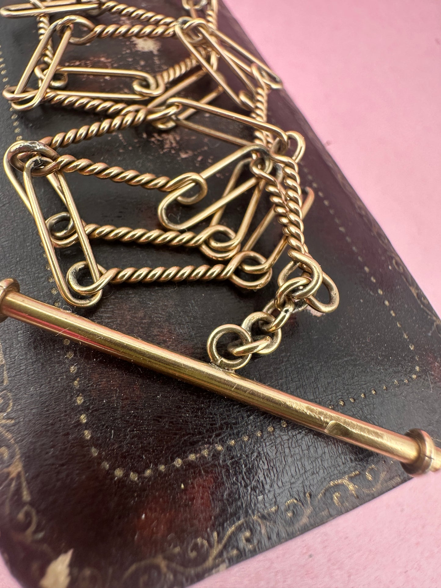 Antique 9ct Rose Gold Trombone and twist Albert chain with bolt clasp and T-bar
