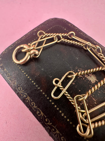 Antique 9ct Rose Gold Trombone and twist Albert chain with bolt clasp and T-bar